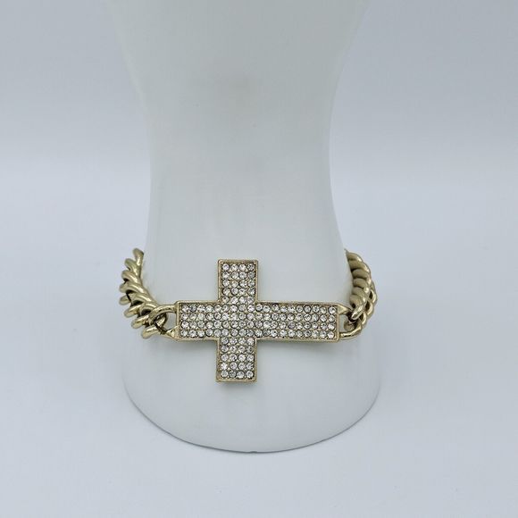 Pave Cross Bracelet Women Rhinestone Religious Gold Tone Crystal Links Jewelry - Picture 2 of 8